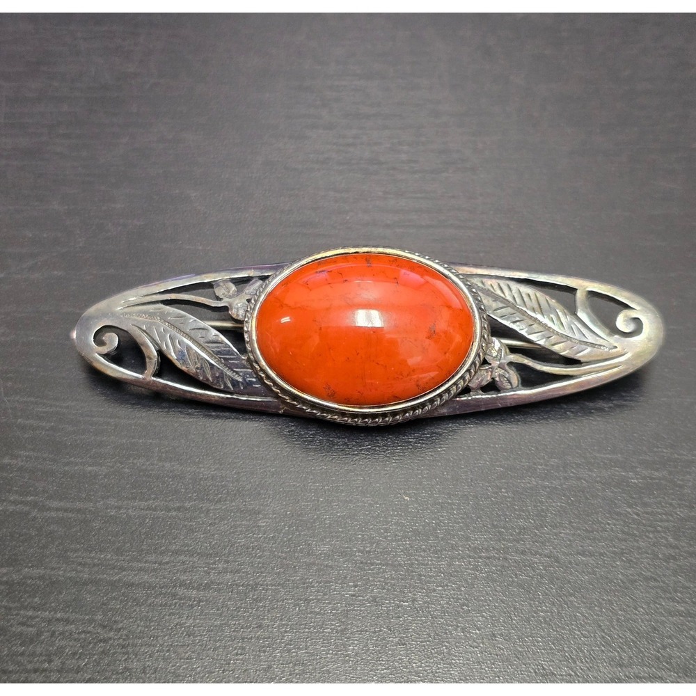Sterling Silver Stone Cabochon Brooch Orange Art Nouveau Style